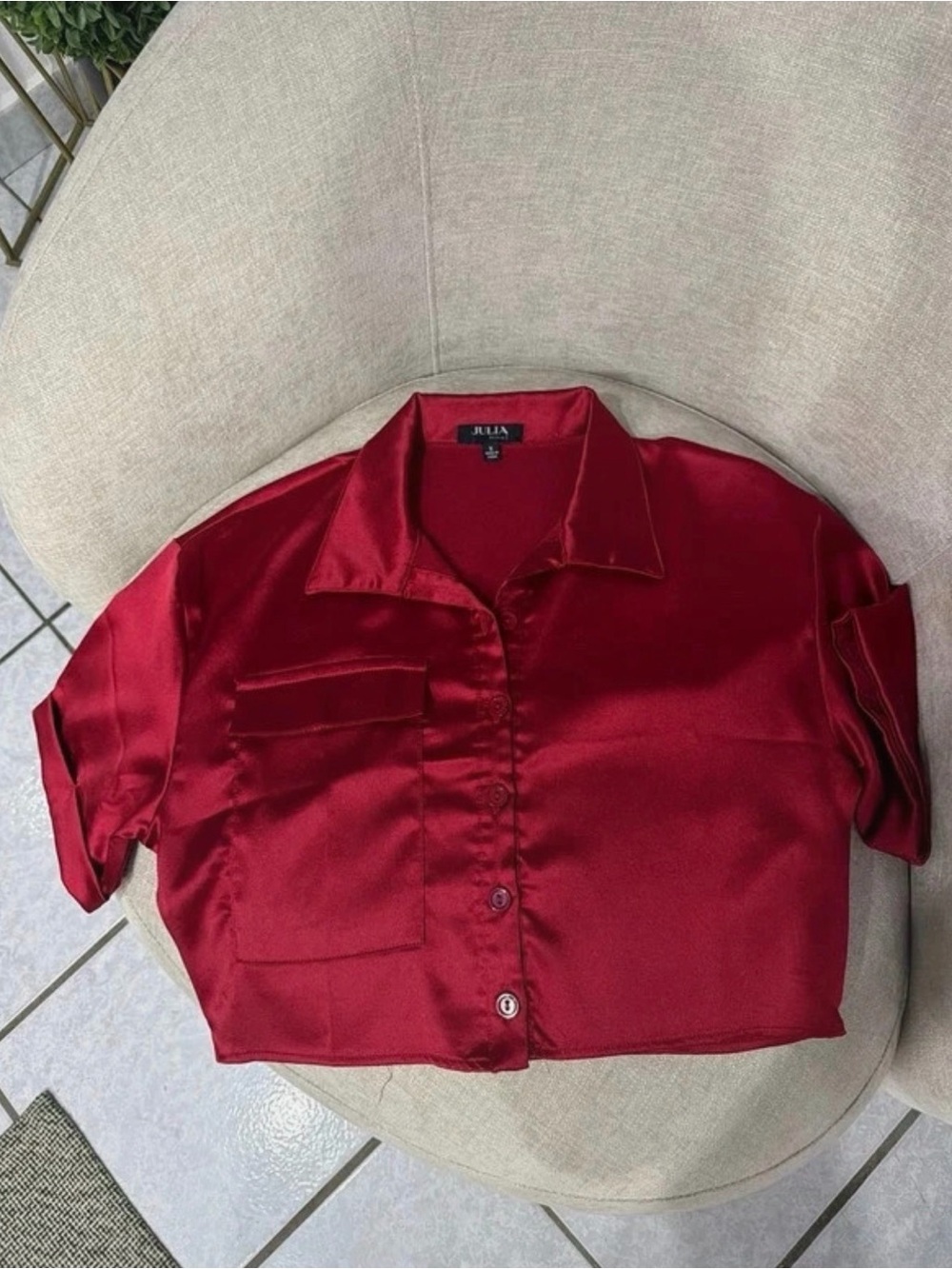 Rainbow Satin Button-Down Crop Shirt in Red